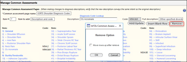 Remove option in the Manage Common Assessments panel