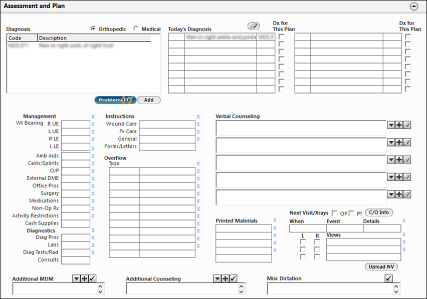 Assessment and Plan panel on the Non Billable Visit template