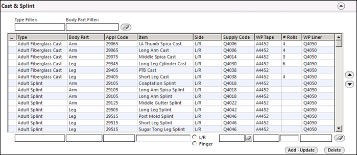 Cast and Splint panel on the Cast and Splint Configuration template