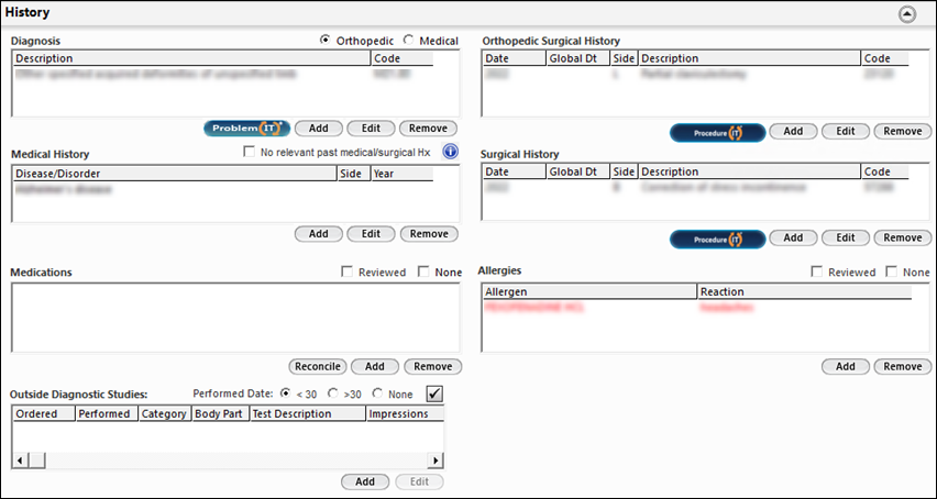 History panel on the Clinical 1 template