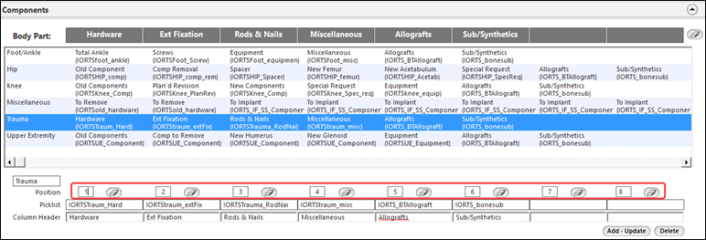 Position field in the Components panel
