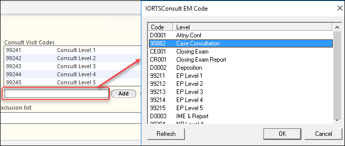 Consult visit codes in the Exclusions panel