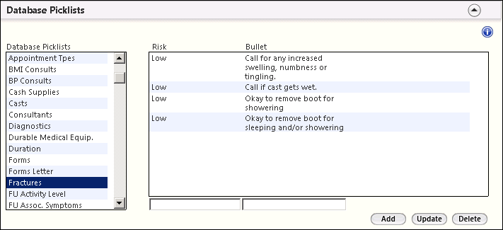 Database Picklists panel on the Picklist Configuration template