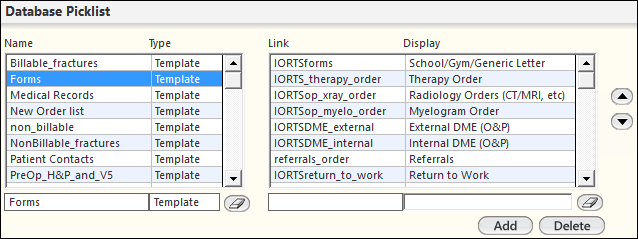 Database Picklist panel on the Specialty Nav Config template