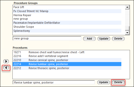 Procedures section in the PX Group Configuration panel
