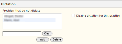 Dictation panel on the Practice Configuration template