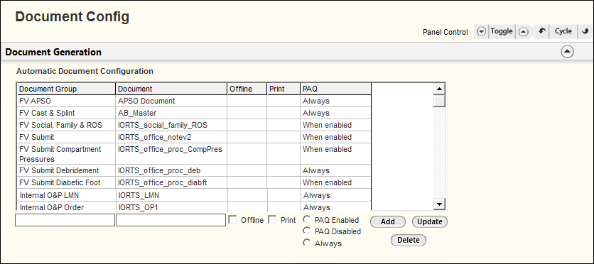 Document Generation panel on the Document Config template