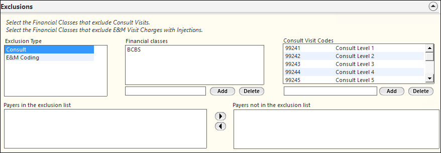 Exclusions panel on the Billing Configuration template