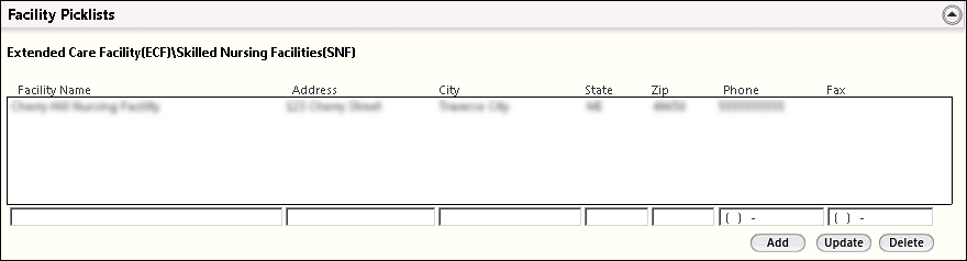 Facility Picklists panel on the Picklist Configuration template