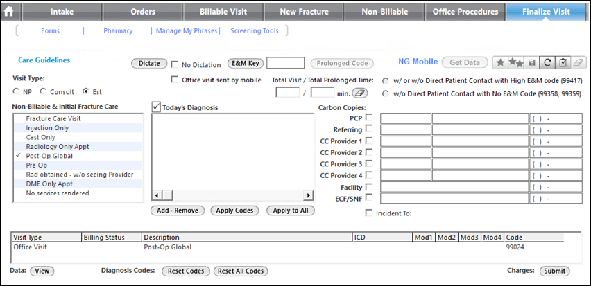 Post-Op Global record on the Finalize Visit template