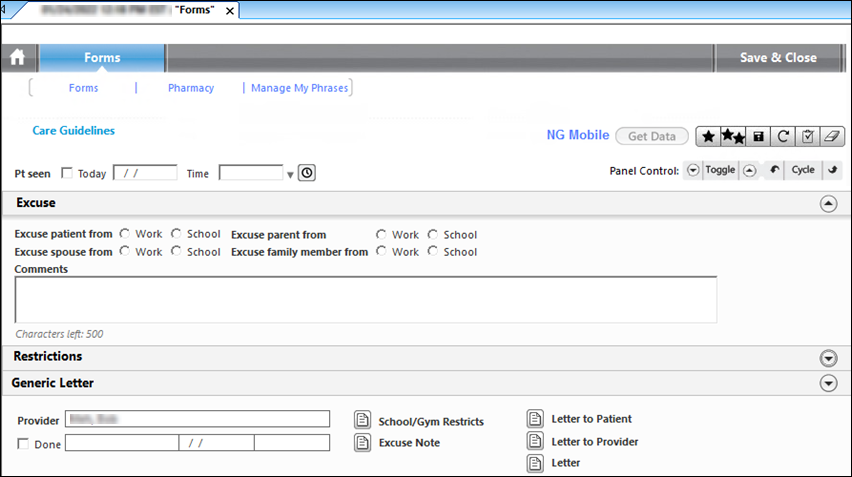 Excuse panel on the Forms template