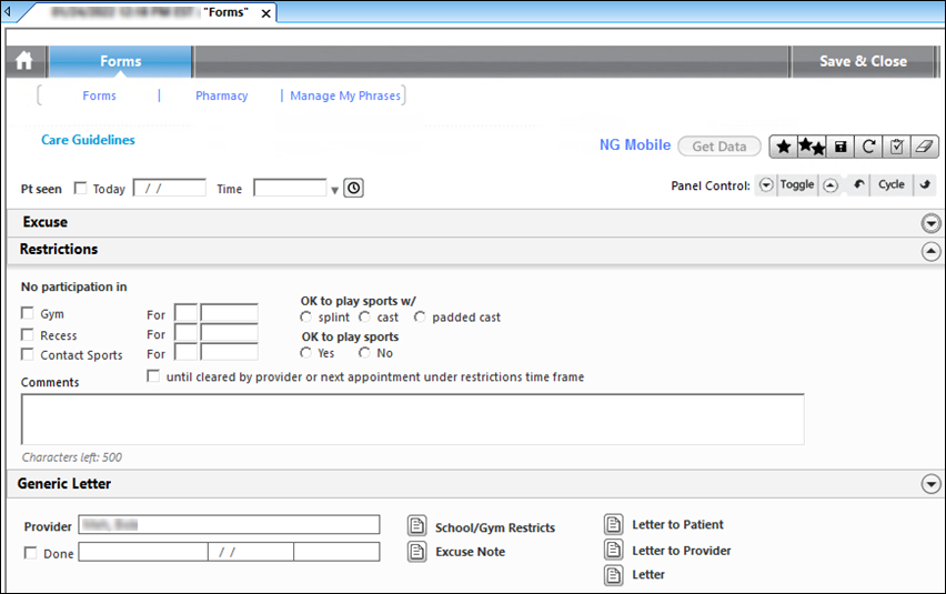 Restrictions panel on the Forms template