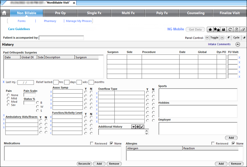 History panel on the Non Billable Visit template