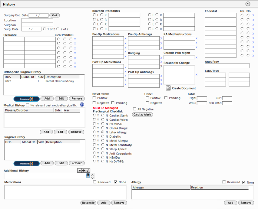 History panel on the NB Preop V5 template