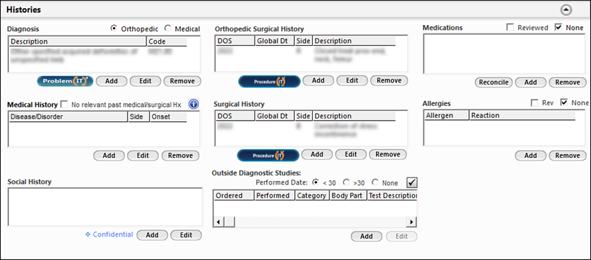 Histories panel on the Surgery Scheduling template