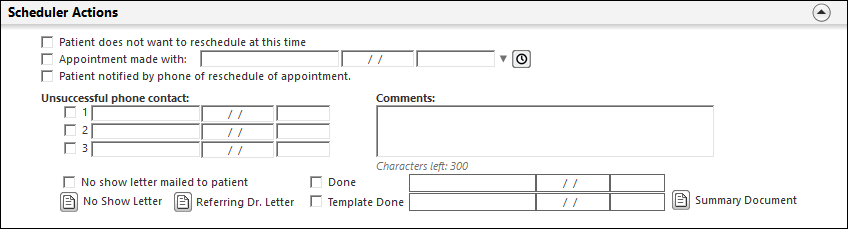 Scheduler Actions panel on the Missed Appointment template