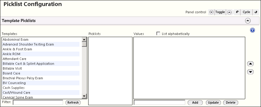 Template Picklists panel on the Picklist Configuration template