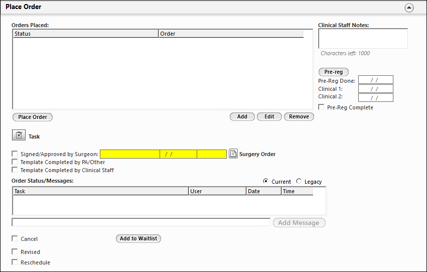 Place Order panel on the Surgery Scheduling template