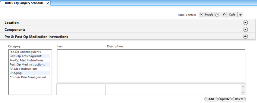Pre and Post Op Medication Instructions panel on the IORTS Cfg Surgery Schedule template