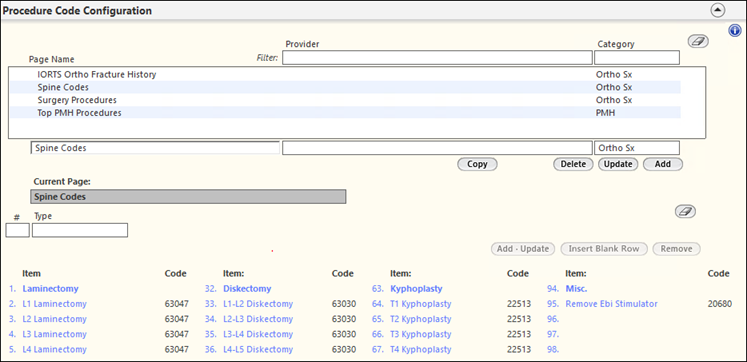 Procedure Code Configuration panel on the Common Procedure Configuration template