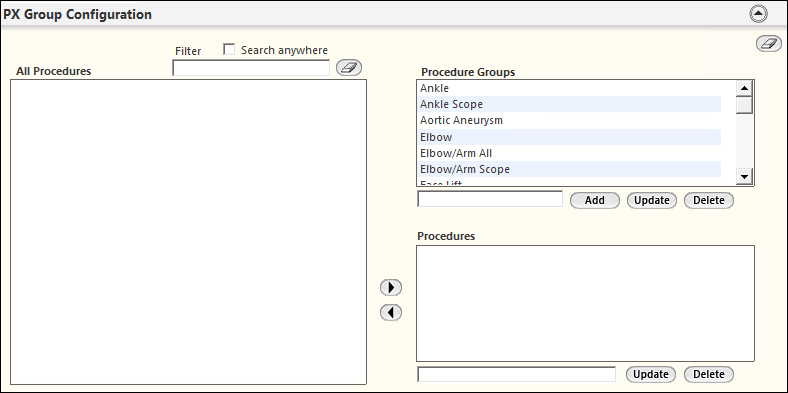 PX Group Configuration panel on the Common Procedure Configuration template