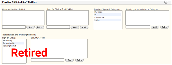 Provider and Clinical Staff Picklists panel on the Picklist Configuration template