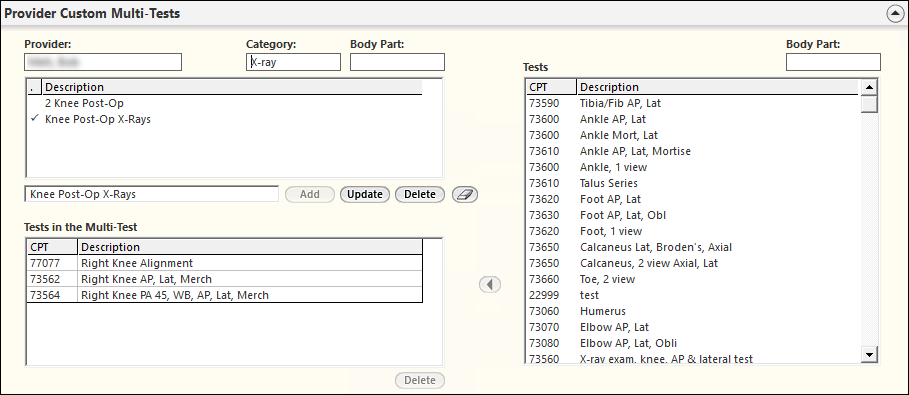 Provider Custom Multi-Test List panel on the Radiology Configuration template