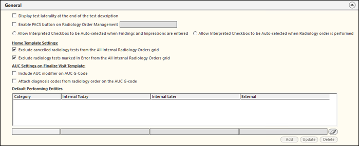 General panel on the Radiology Configuration template