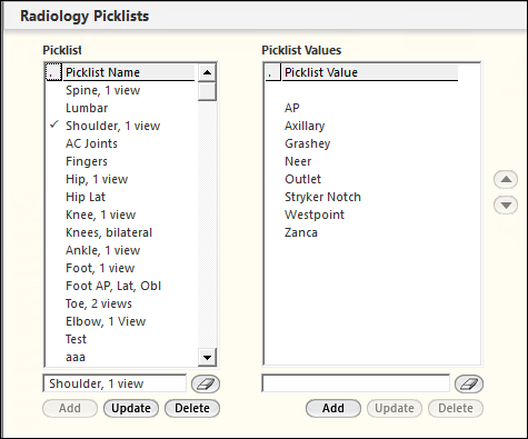 Radiology Picklists panel on the Radiology Configuration template