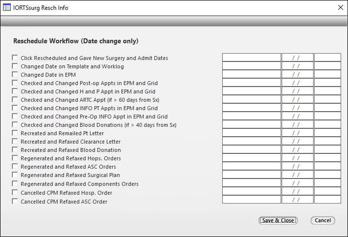 IORTS Surgery Reschedule Workflow window