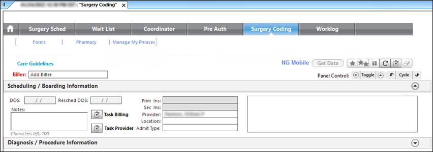 Scheduling / Boarding Information panel on the Surgery Coding template