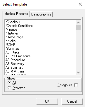 Select Template window
