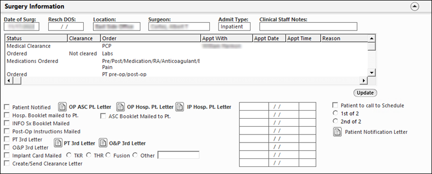 Surgery Information panel on the Coordinator template