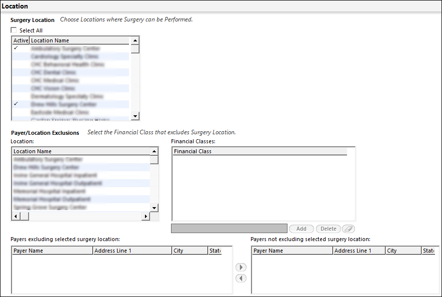 Location panel on the IORTS Cfg Surgery Schedule template
