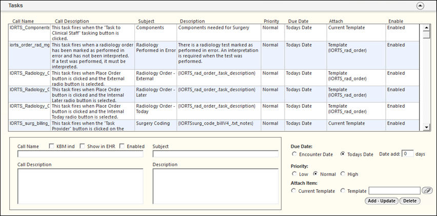 Tasks panel on the Tasking Configuration template