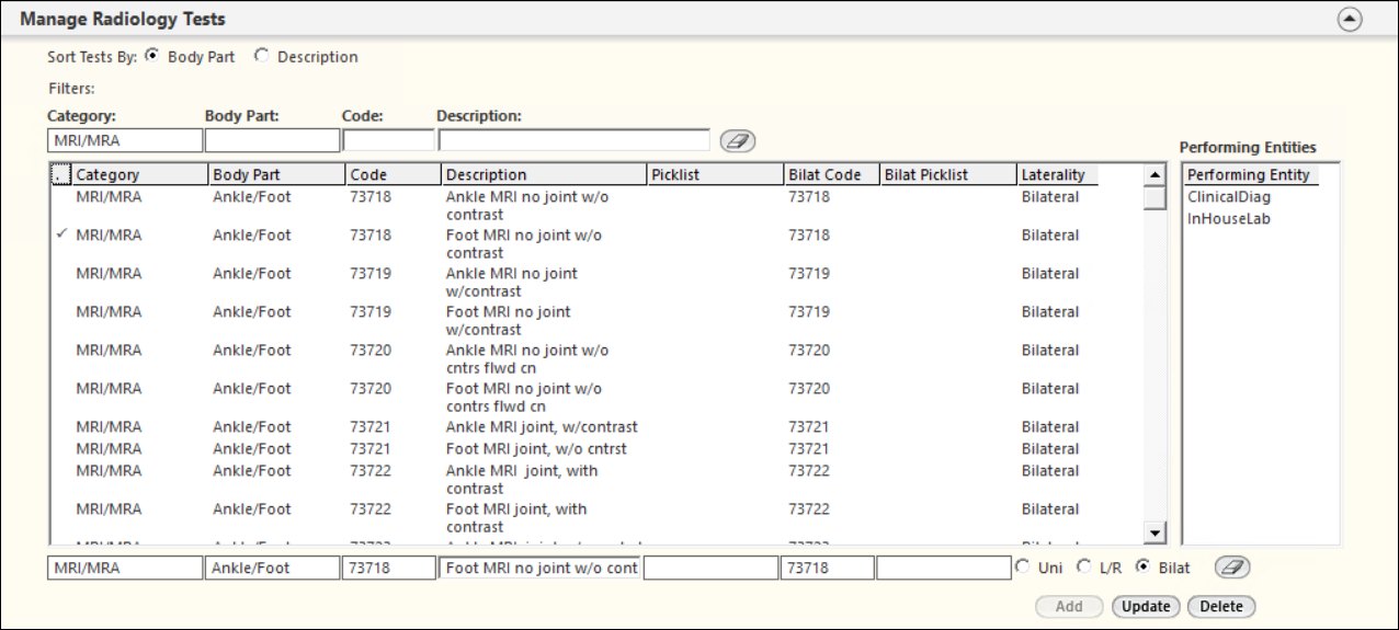 Manage Radiology Tests panel on the Radiology Configuration template