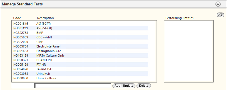 Manage Standard Tests panel on the Lab Test Configuration template