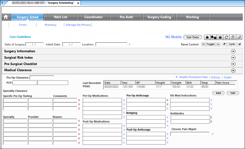 Medical Clearance panel on the Surgery Sched template