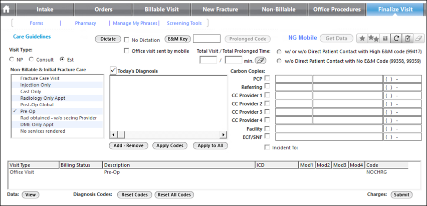 Pre-Op entry on the Finalize Visit template