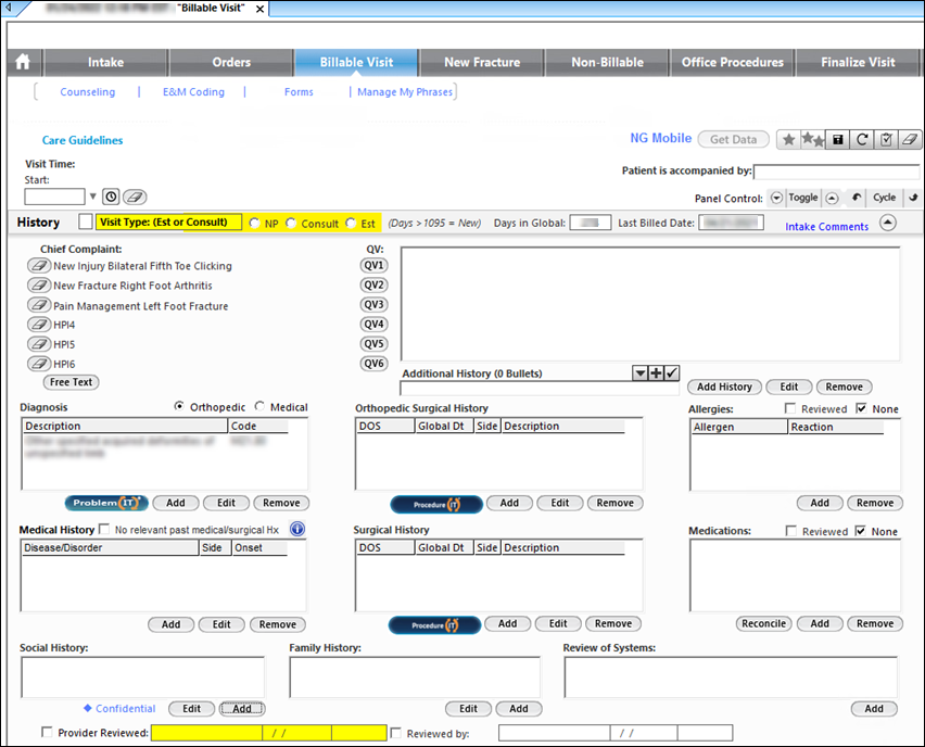 History panel on the Billable Visit template