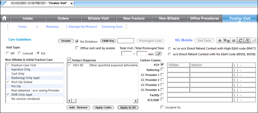 Incident To check box on the Finalize Visit template