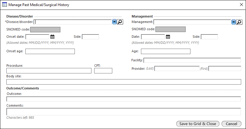Manage Past Medical/Surgical History template