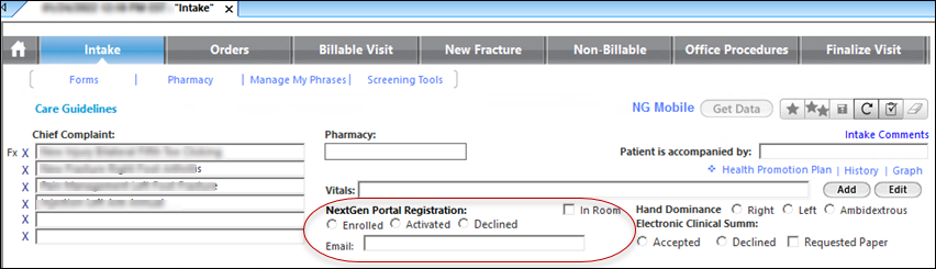 NextGen Portal Registration section of the Intake template