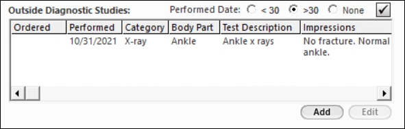 Outside Diagnostic Studies grid on the Billable Visit template