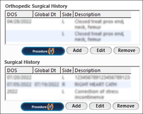 Surgical History grids
