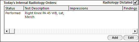 Today's Internal Radiology Order grid on the Billable Visit template