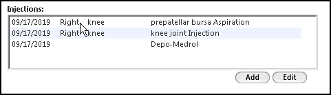 Injections grid on the Billable Visit template