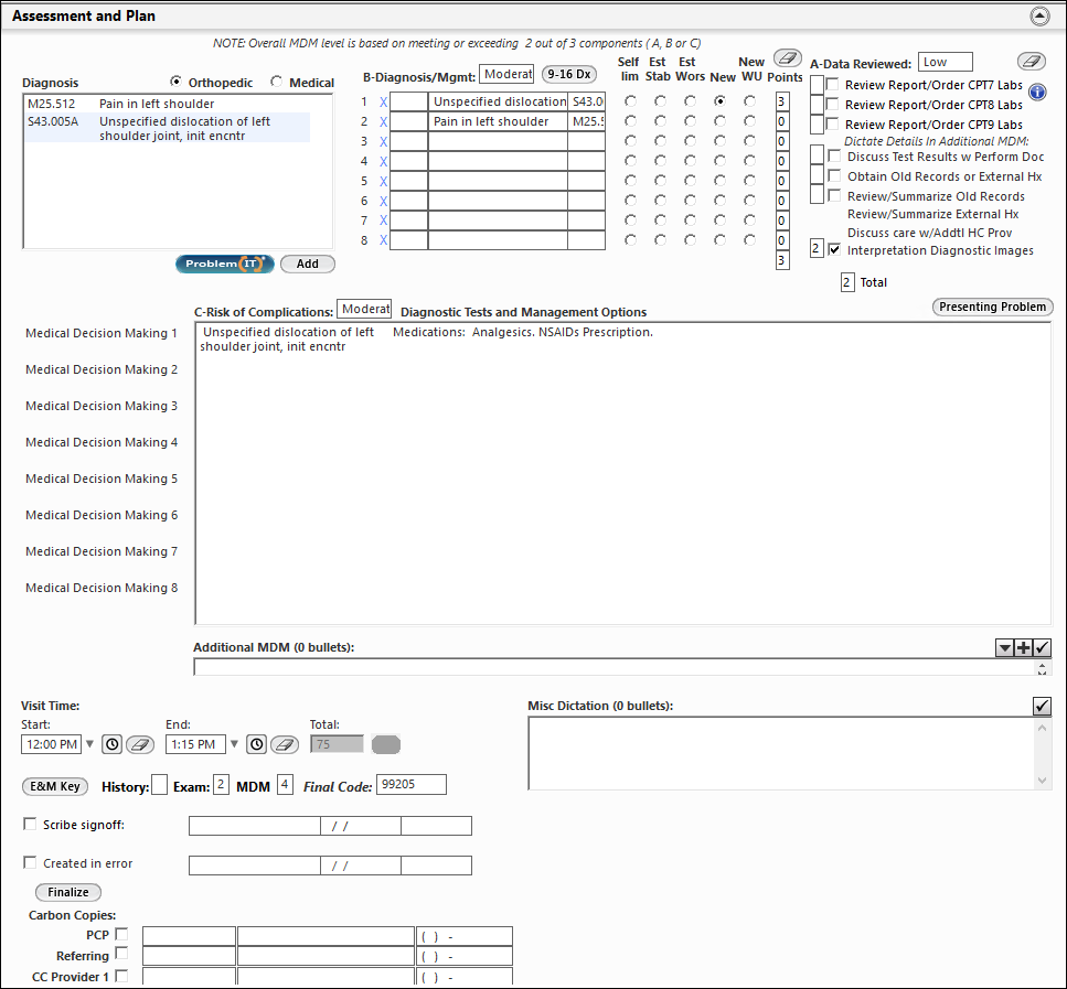 Assessment and Plan panel on the Billable Visit template