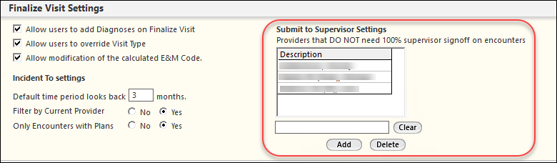 Finalize Visit Settings panel on the Practice Configuration template