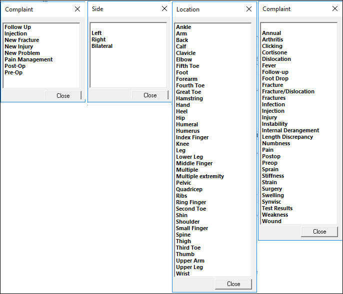 Picklists for chief complaint